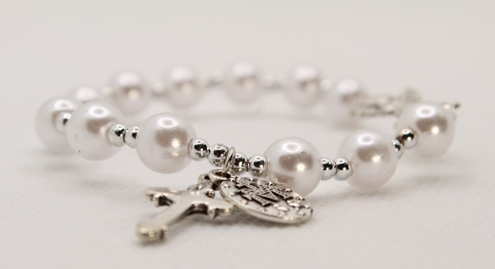 Zinc Alloy Guardian Angel, Crucifix, Miraculous Charm Faux Pearl Rosary Bracelet