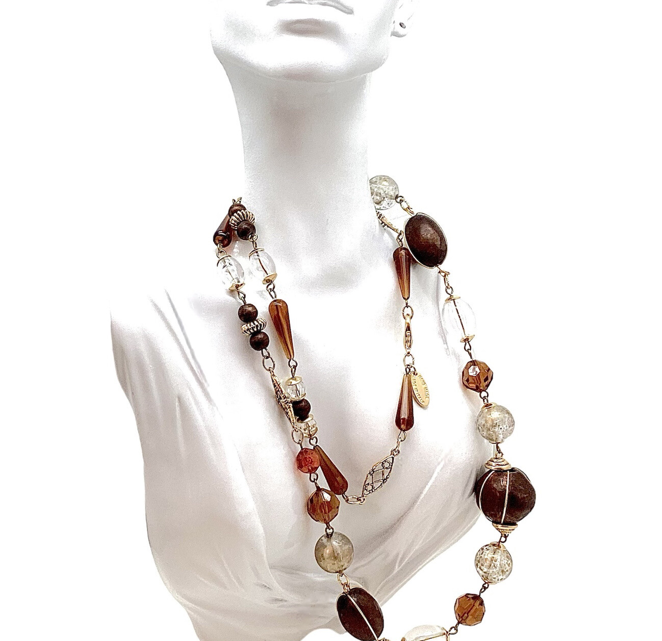 Italy Express 36” Long Beaded Necklace Gold Tone Mixed Materials Statement