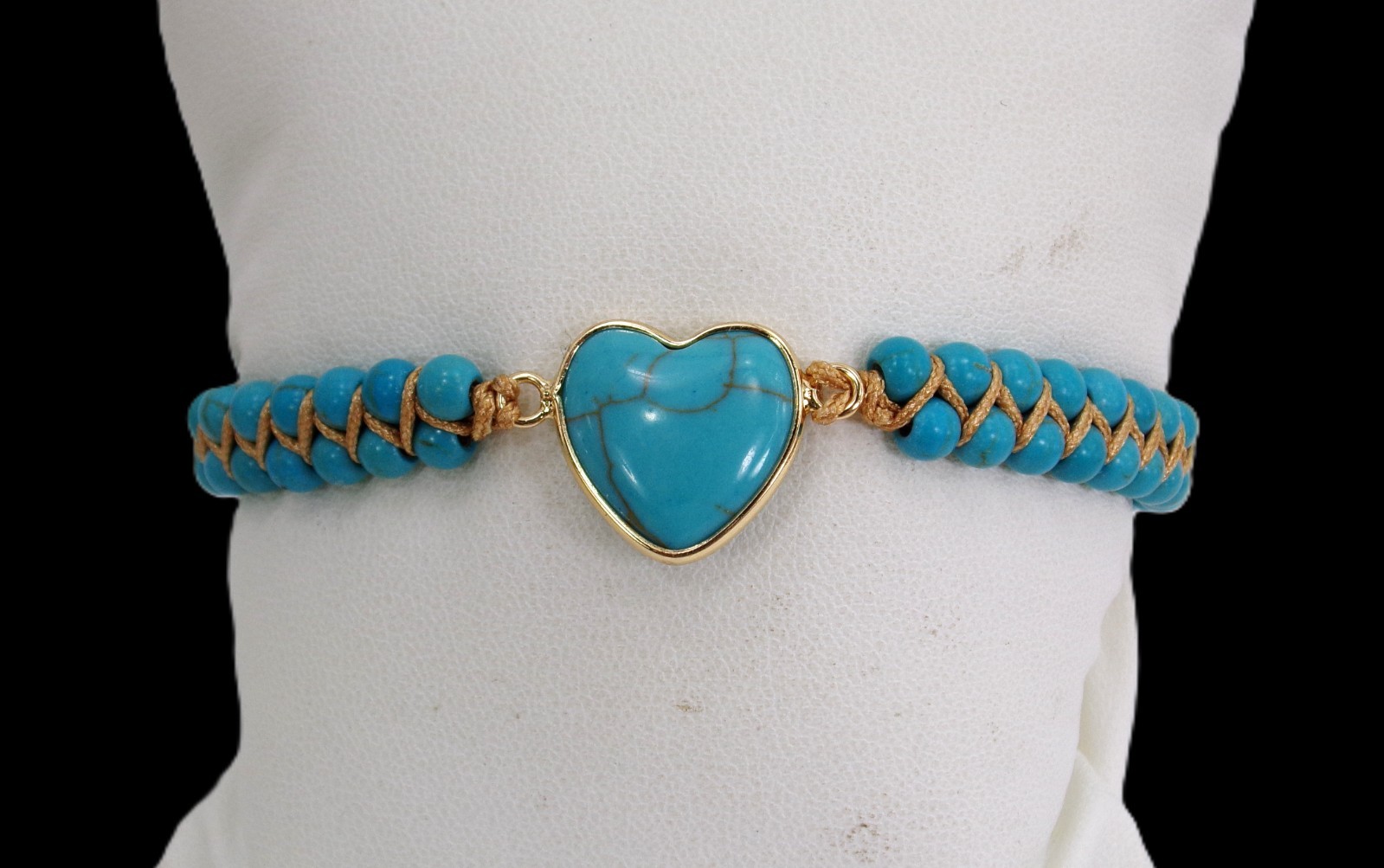 Turquoise stone heart bracelet with all round stones brown cord adjustable New