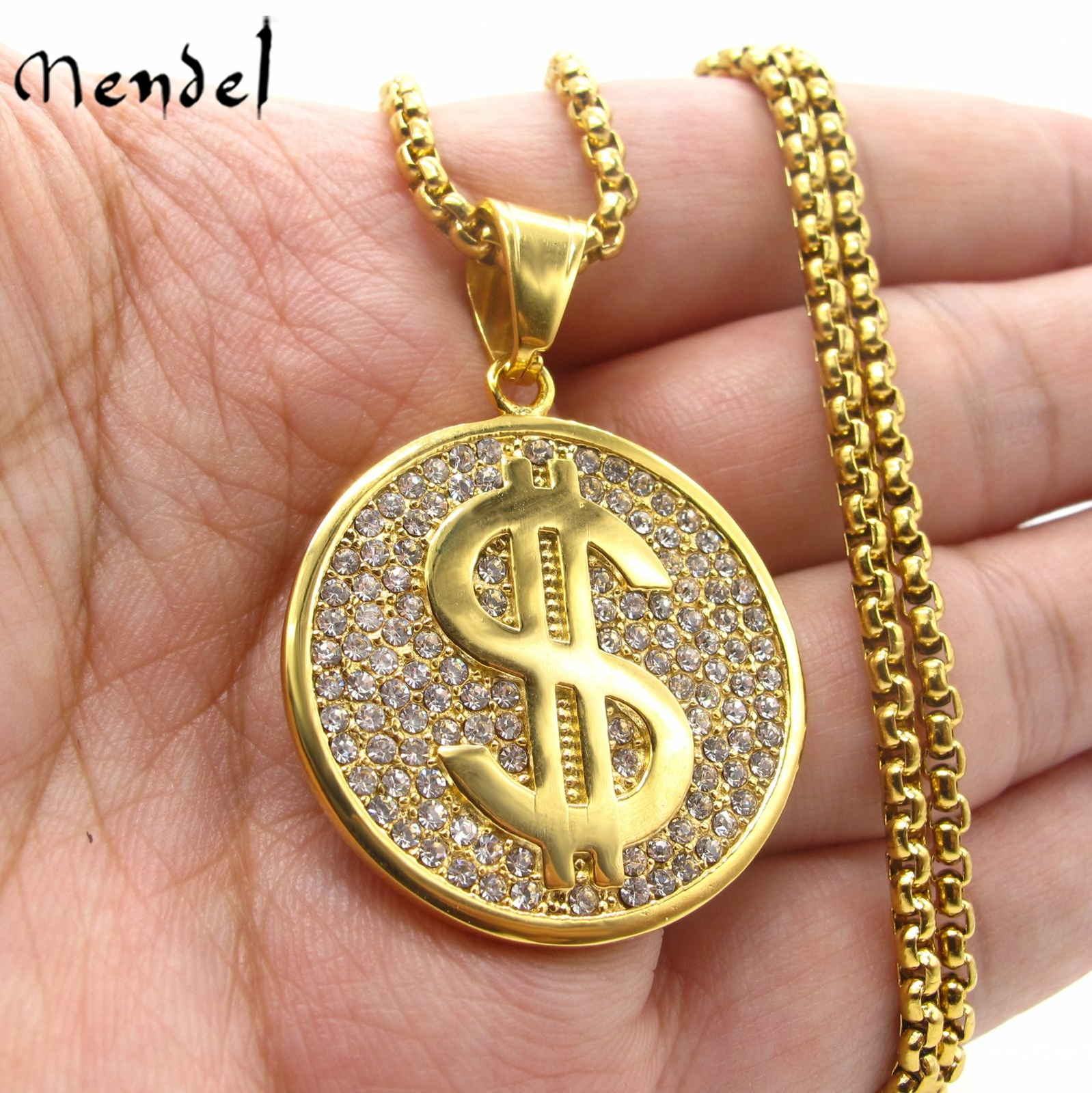 MENDEL Mens Stainless Steel Gold Rap Hip Hop Money Dollar Sign Pendant Necklace
