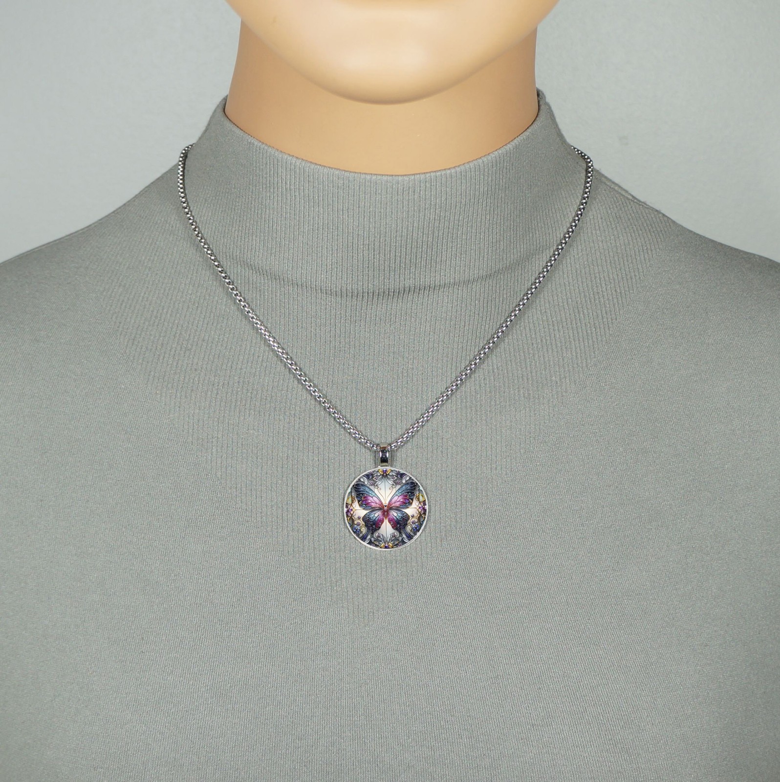 Colorful Butterfly Pendant, Stainless Steel Chain Necklace, Length Choice