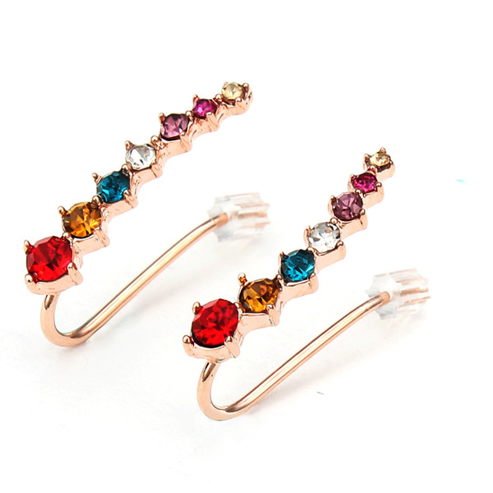 SINGLE ROW EARRING HOOK CUFF PAIR PINK CLEAR MULTI COL GOLD SILVER PLATE