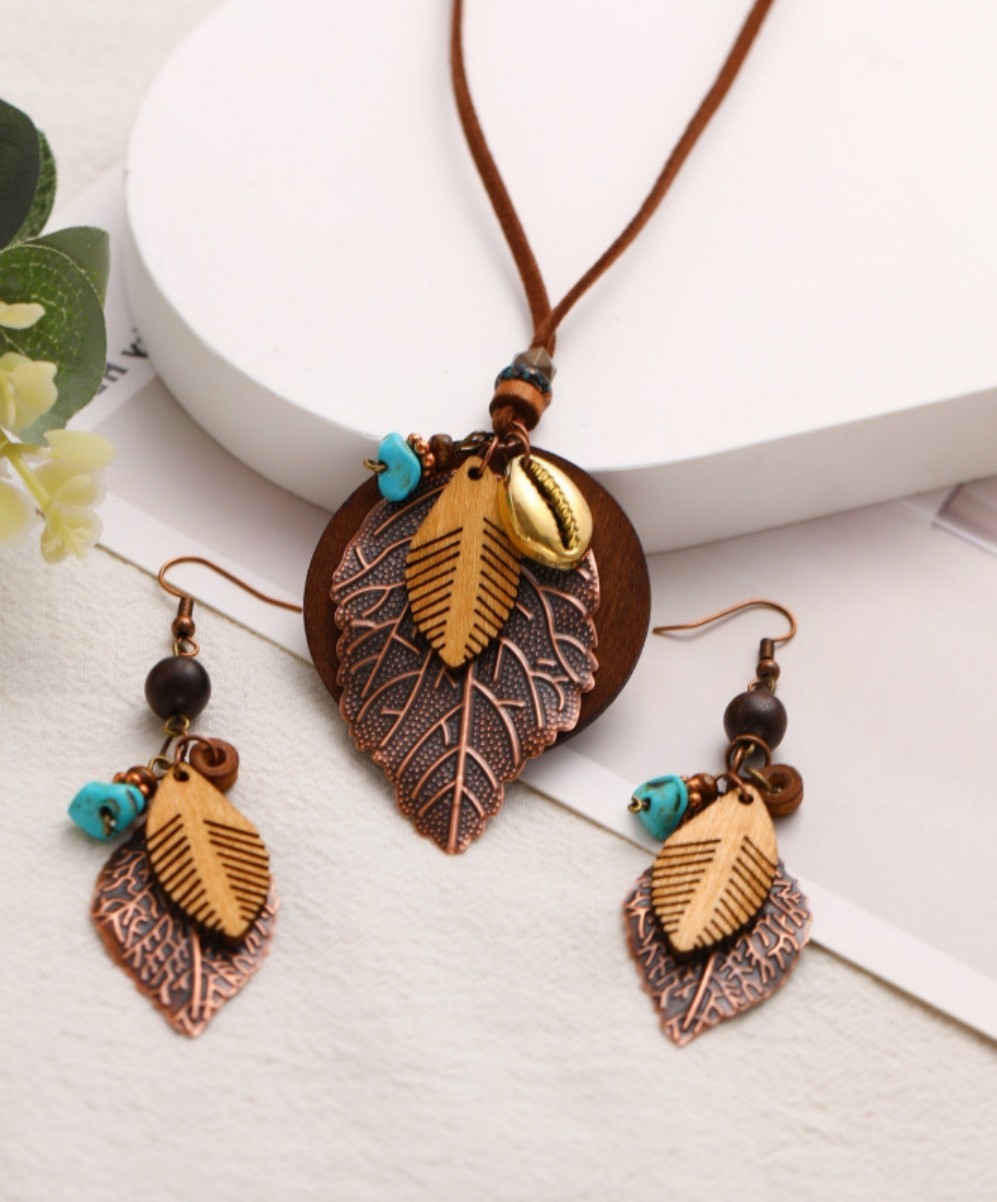 Vintage Boho Women’s Multi Element Wood+Alloy Pendant PU Necklace & Earrings Set