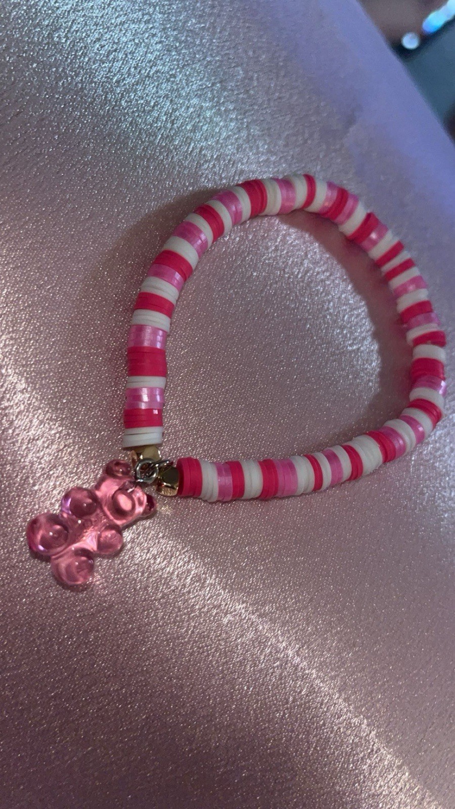 Pink White Stretch Beaded Charm Bracelet Plastic Bear Dangle Animal Theme
