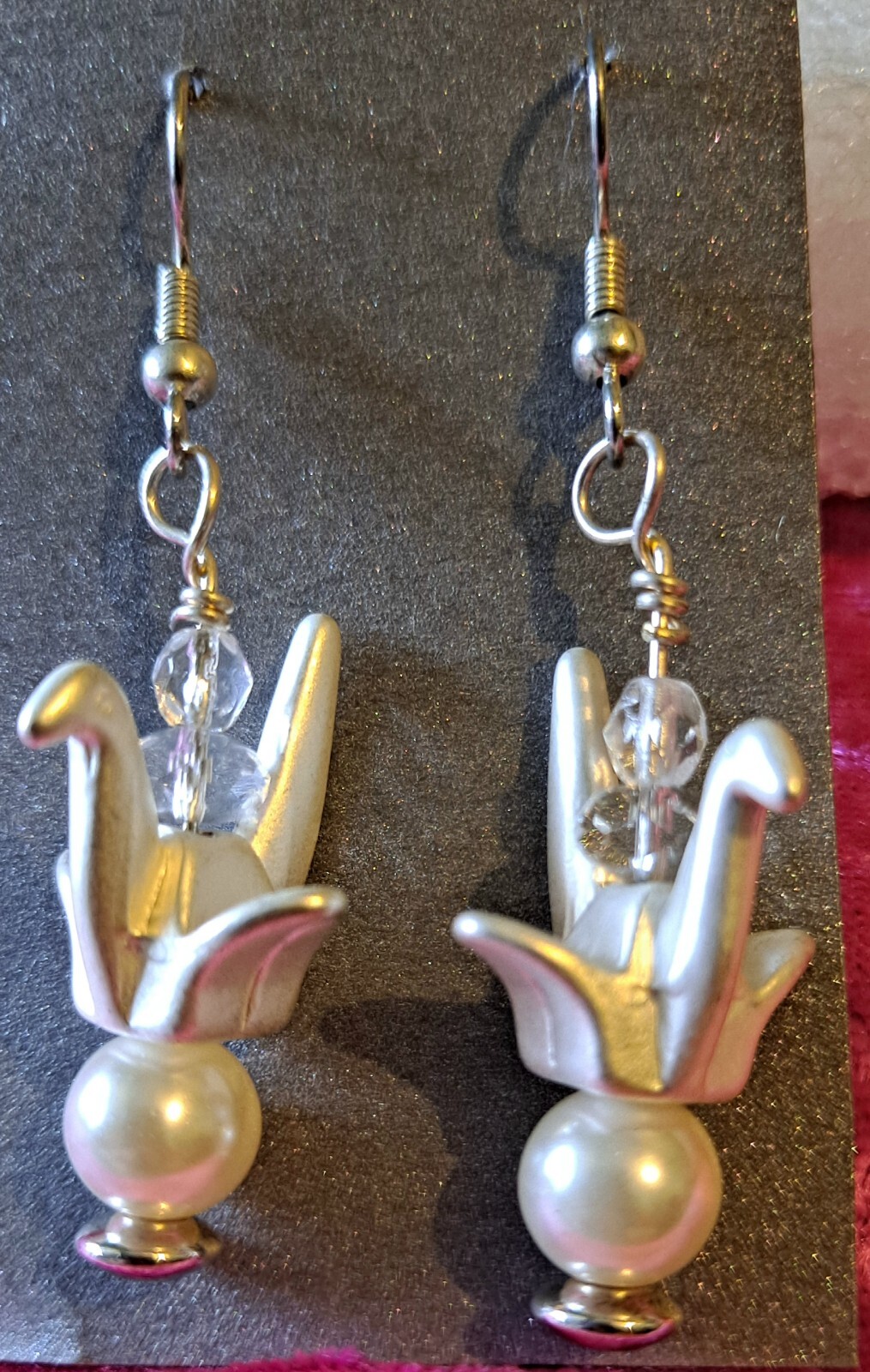 Origami Look Bird Earrings With Crystal and Faux Pearl Metal Earrings