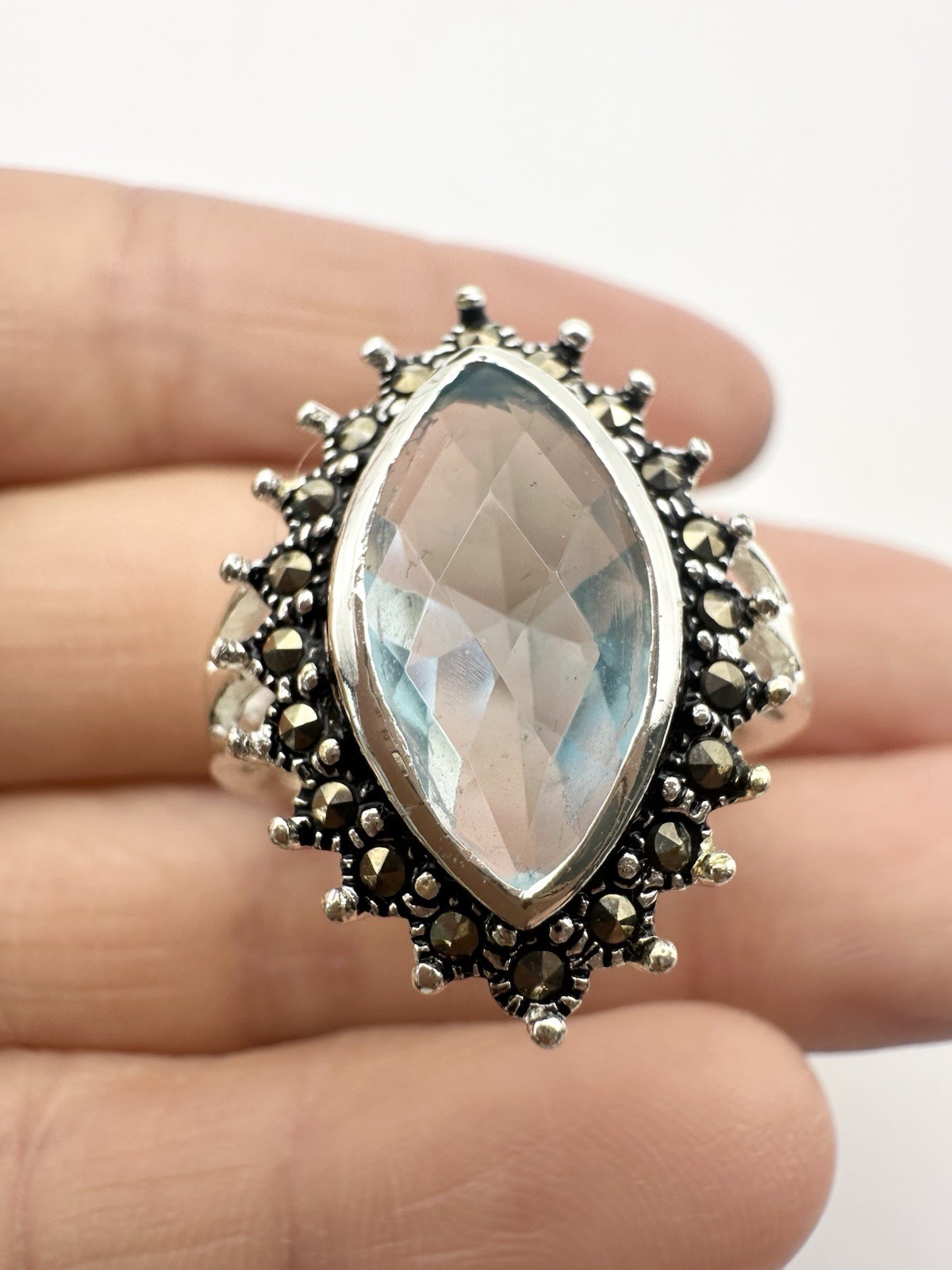 Marcasite Marquise Blue Stone Cocktail Ring Size 7.5 Silver Tone