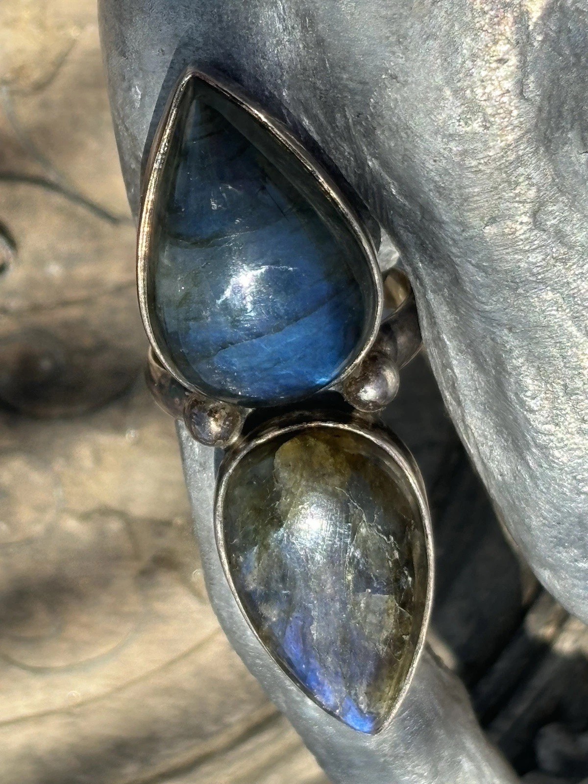 Double pear shaped labradorite gemstone silver ring size 8