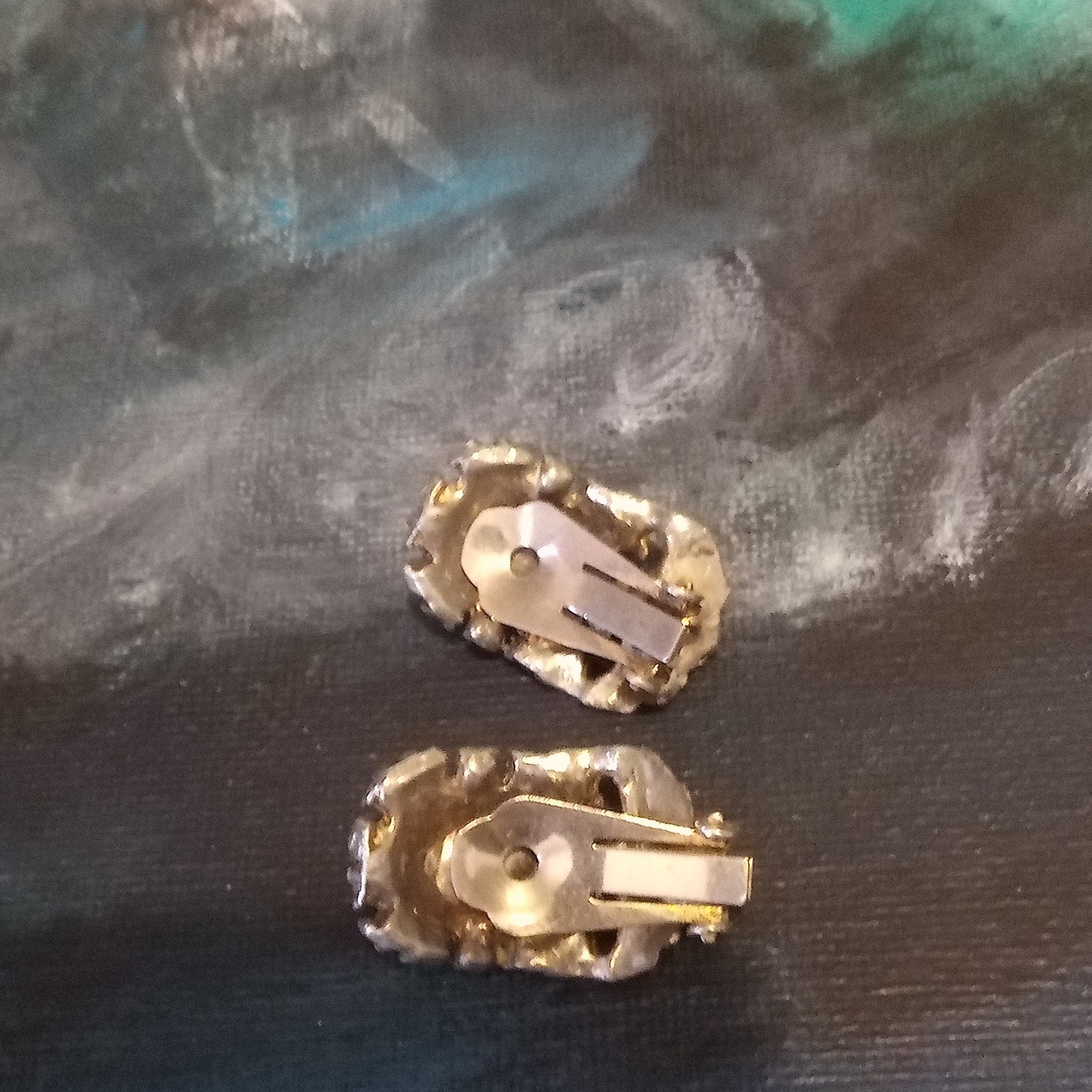 Gold Tone Clip-On Earrings Green Oval Stone Halo Clear Rhinestone Accents