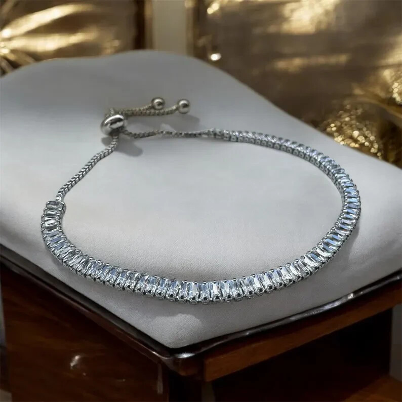 6.7Ct Baguette Simulated Diamond 14k White Gold Over Dainty Bolo Tennis Bracelet