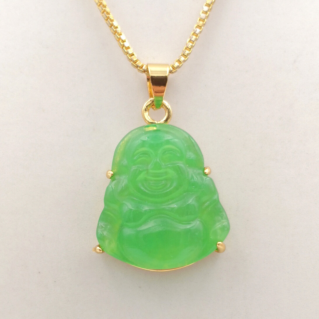 Green Multicolor Jade Laugh Maitreya Buddha 18KGP Lettering Pendant Necklace