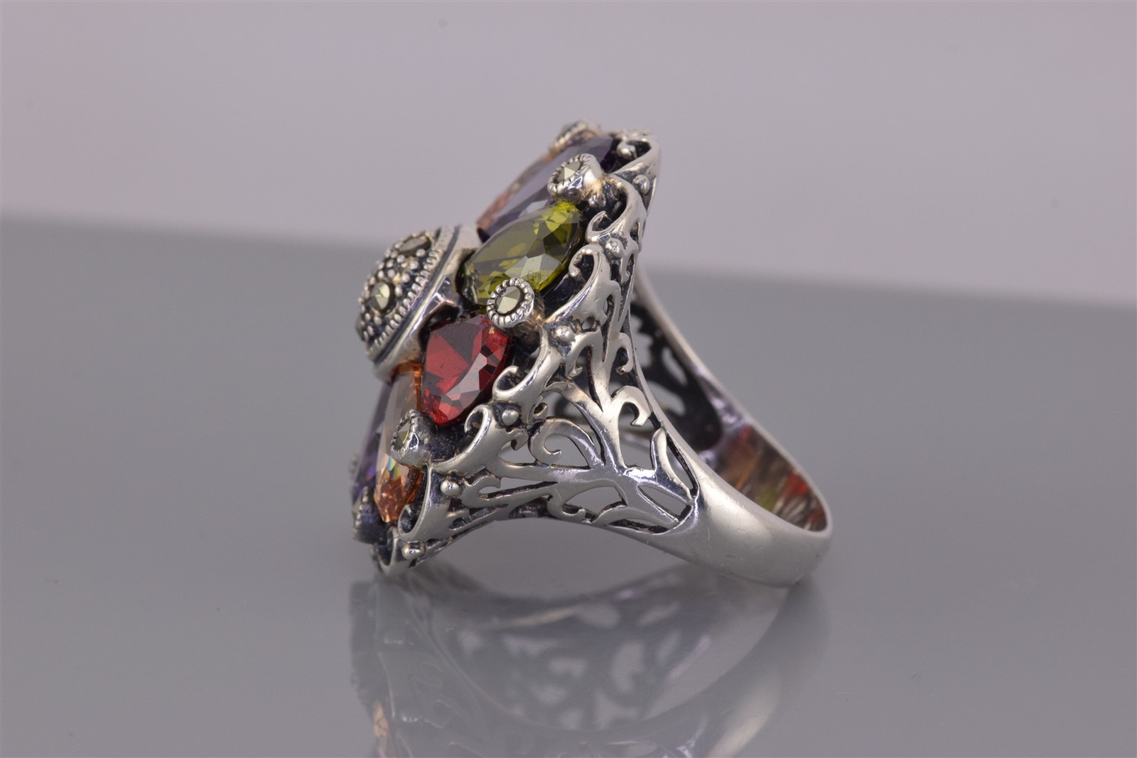 Sterling Silver 30mm Colorful Pear Cut Flower Statement Band Ring 14g 925 Sz: 9