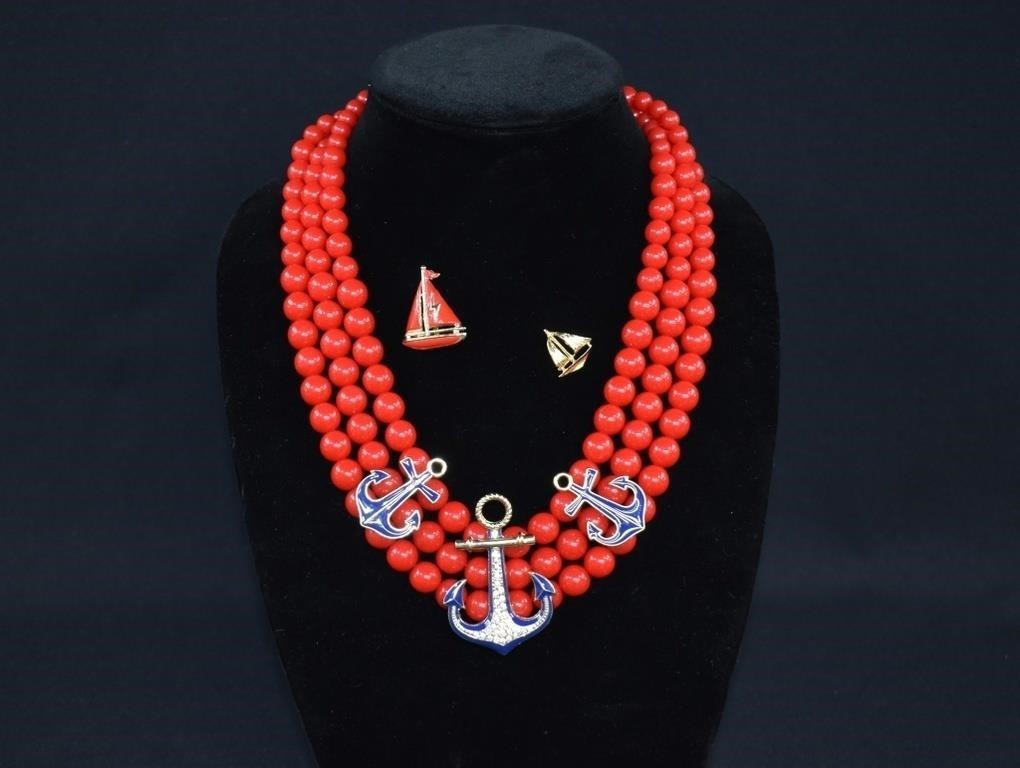 CC Nautical Set Necklace 19in Red Bead Triple Strand Blue Anchor 2 Sailboat Pins