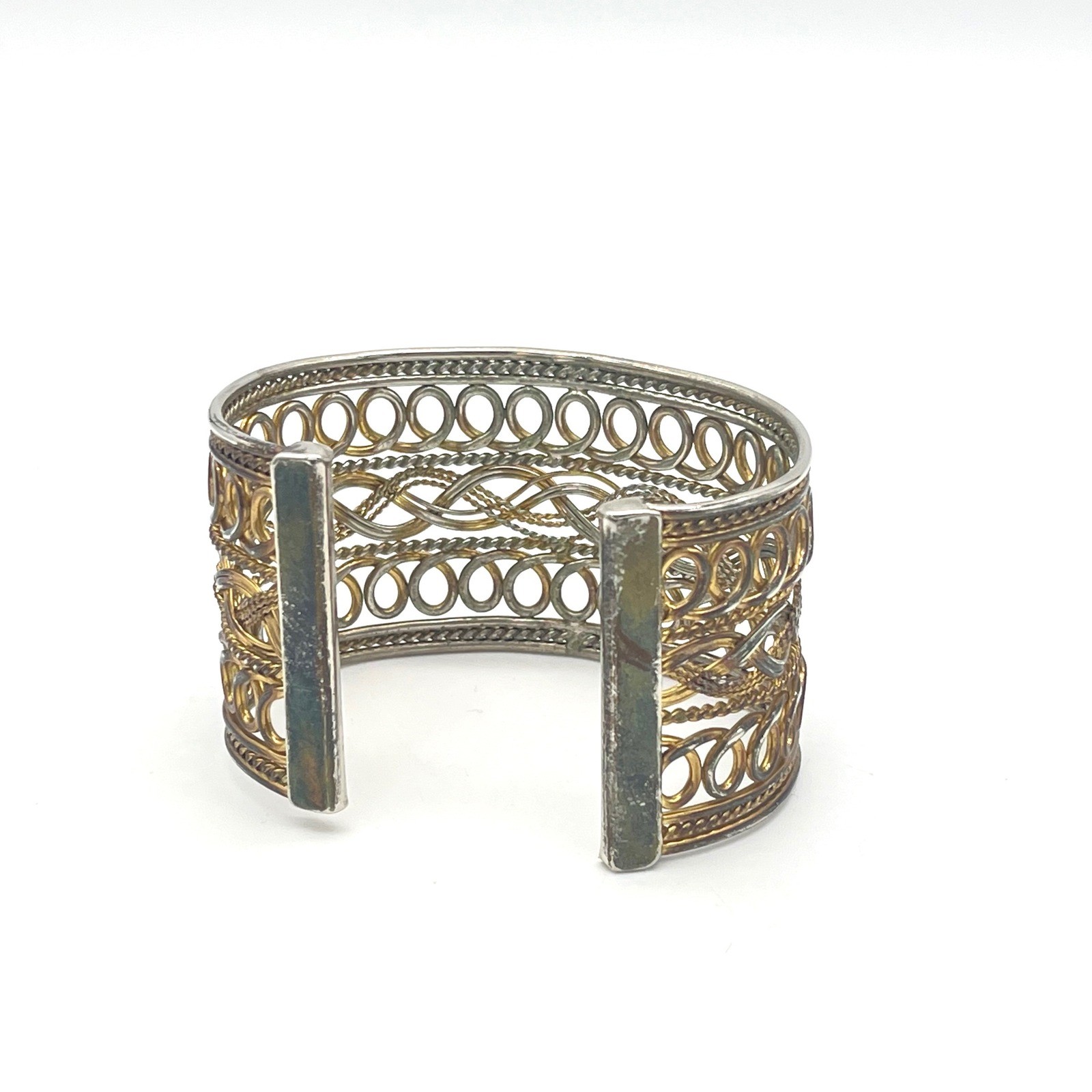 Mixed Metal Filigree Cuff Bracelet Two Tone Woven Braided Wide Statement Boho