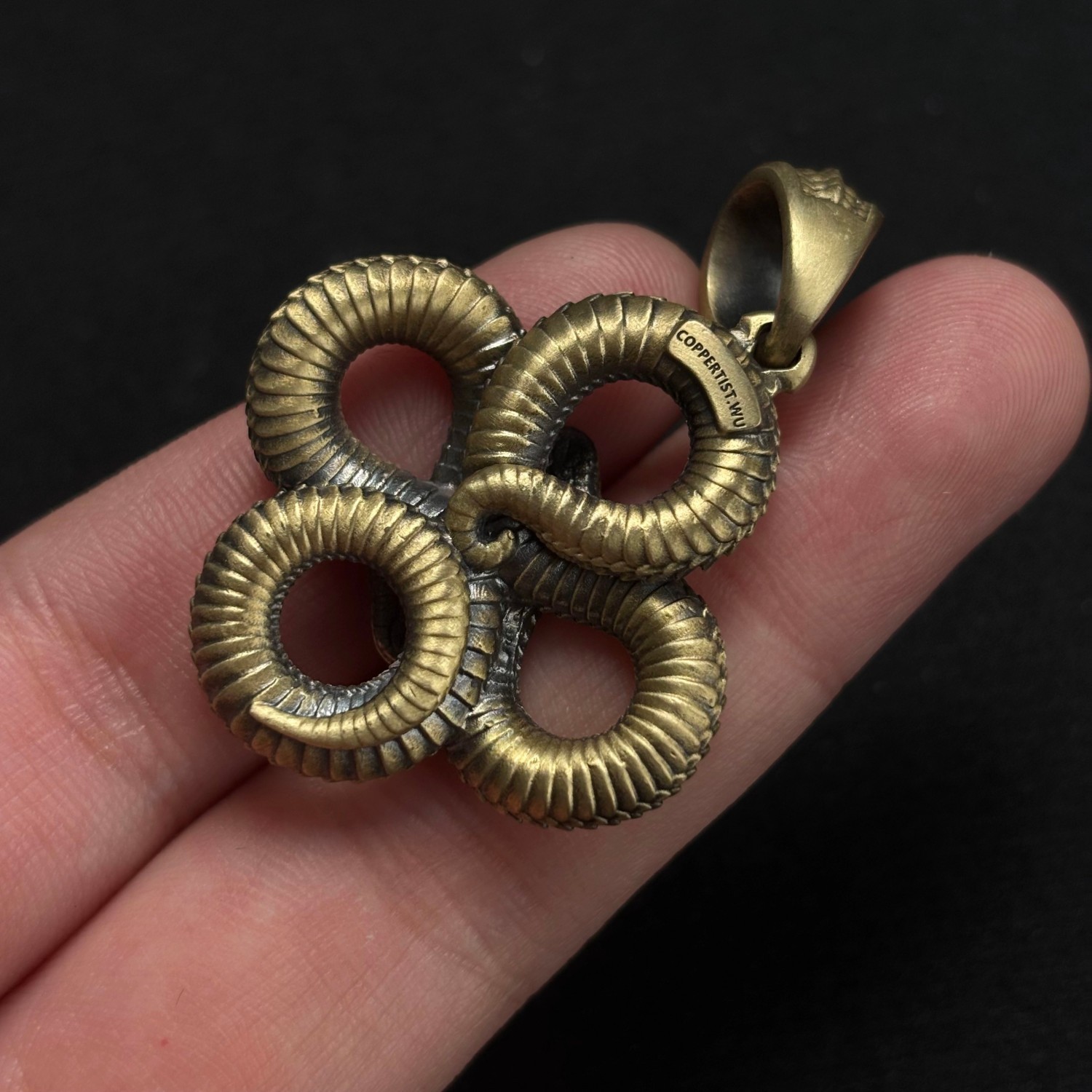 Brass Double Snake Pendant Infinity Design Black Zircon Eyes Renewal Symbol