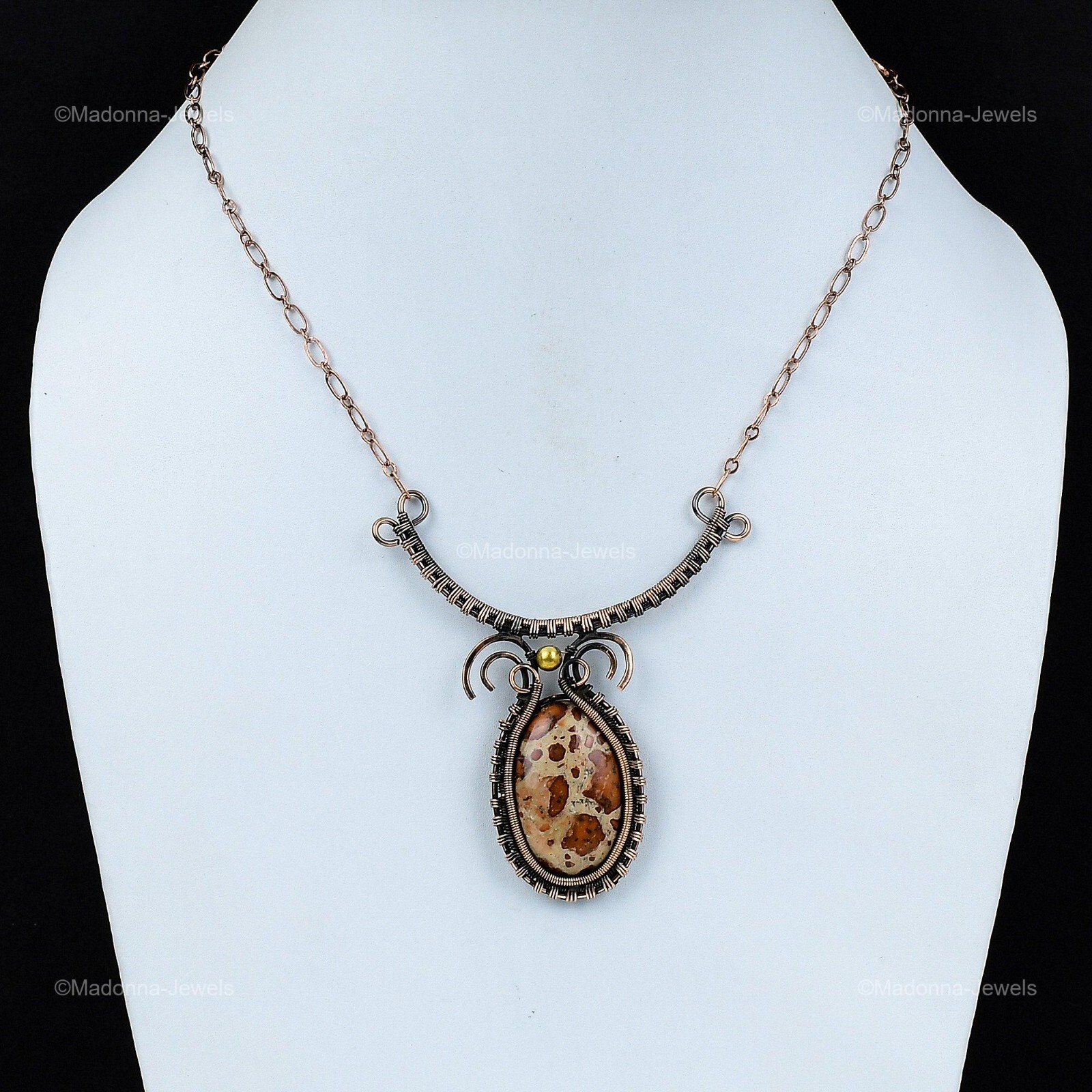 Oval Asteroid Jasper Gemstone Copper Sister Chain Wire Wrapped Birthday Necklace