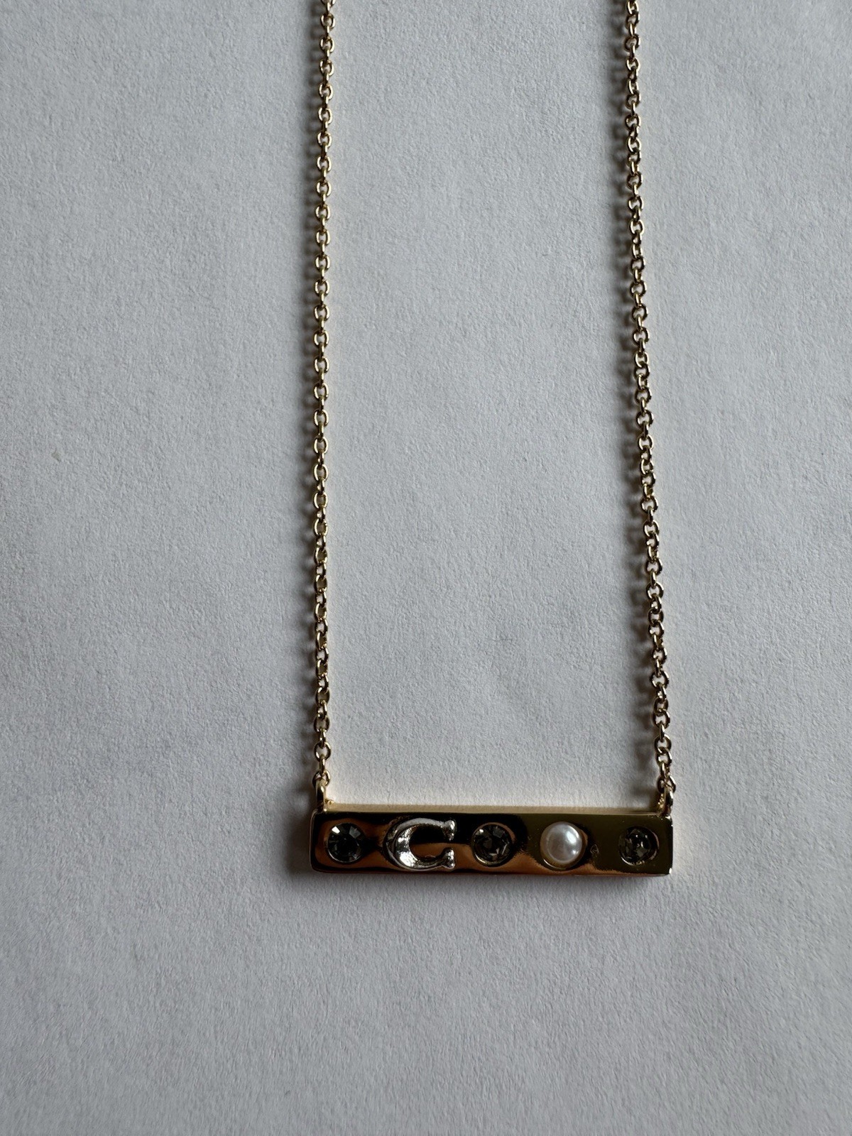 NEW Coach Gold Tone Bar Pendant Necklace Clear Crystal & Pearl Cable Chain