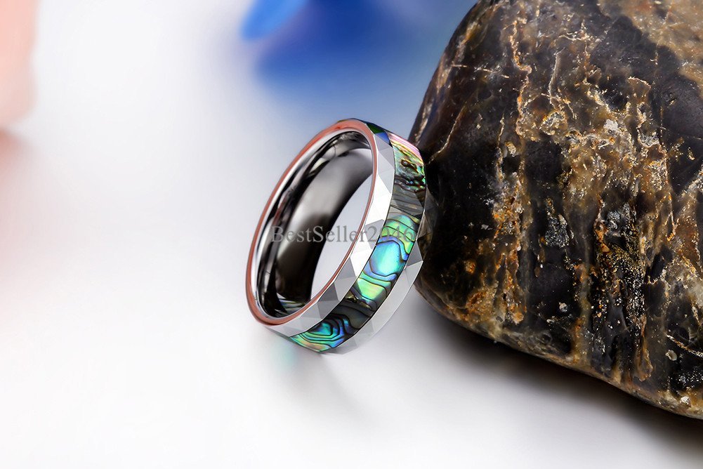 8mm Abalone Shell Inlay Mens Multi-faceted Tungsten Carbide Wedding Band 7-13
