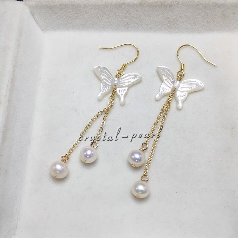 Genuine AAA natural south sea white pearl dangle earrings 14k yelllow gold P