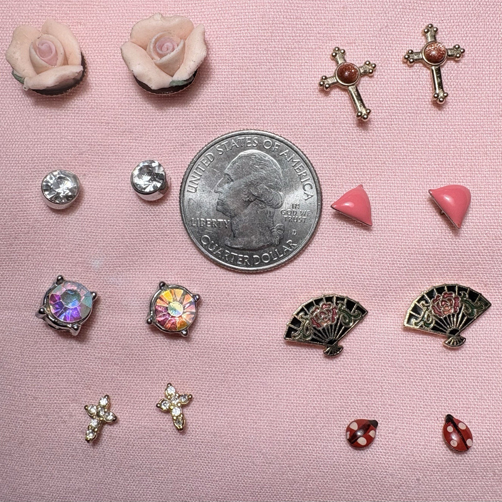 Lot 8 Pair Pierced Earrings Cross Rhinestones AB Cloisonné Post Stud Wearable