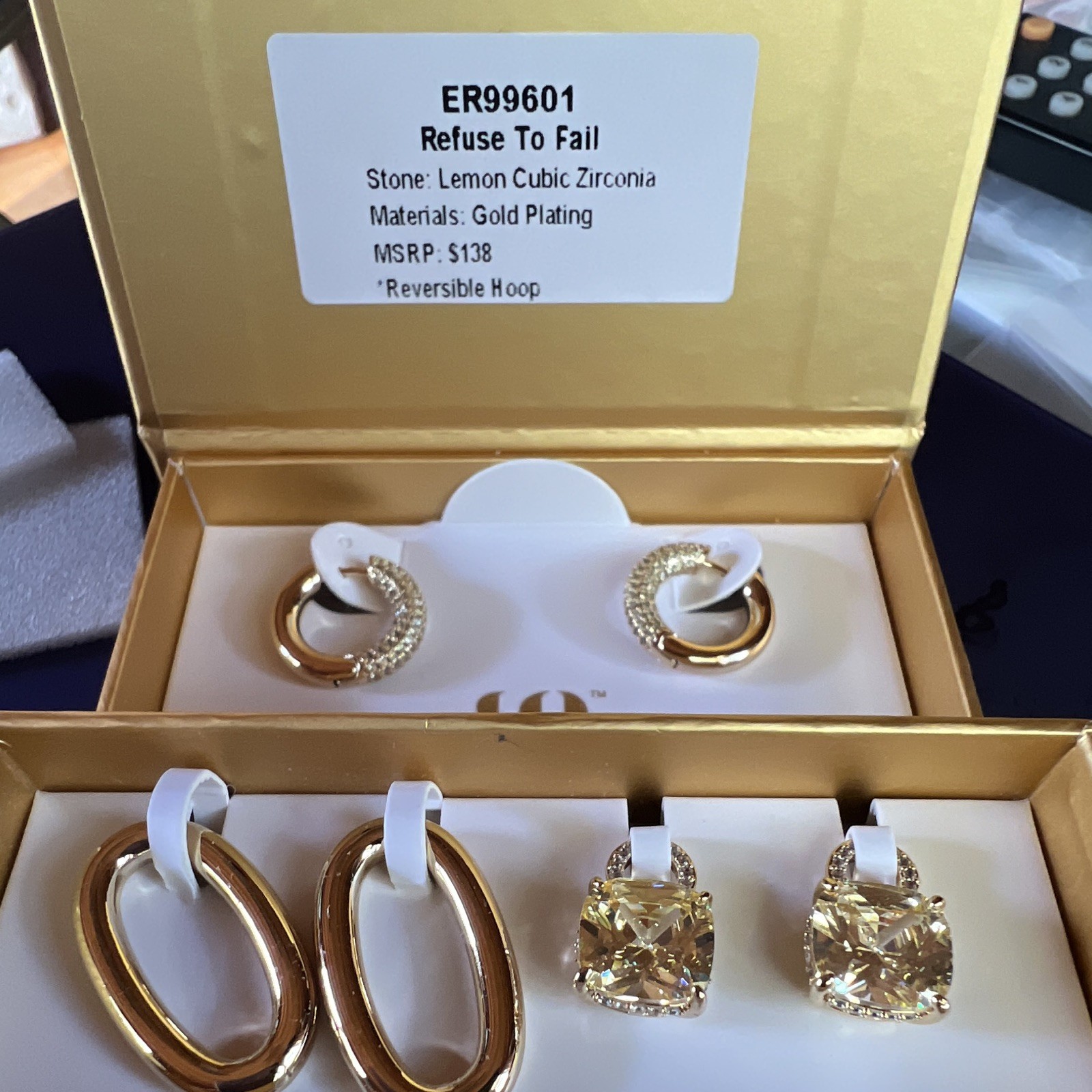 Refuse To Fail Reversible Earrings Set Cushion Yellow Cubic Zirconia Gold Plated