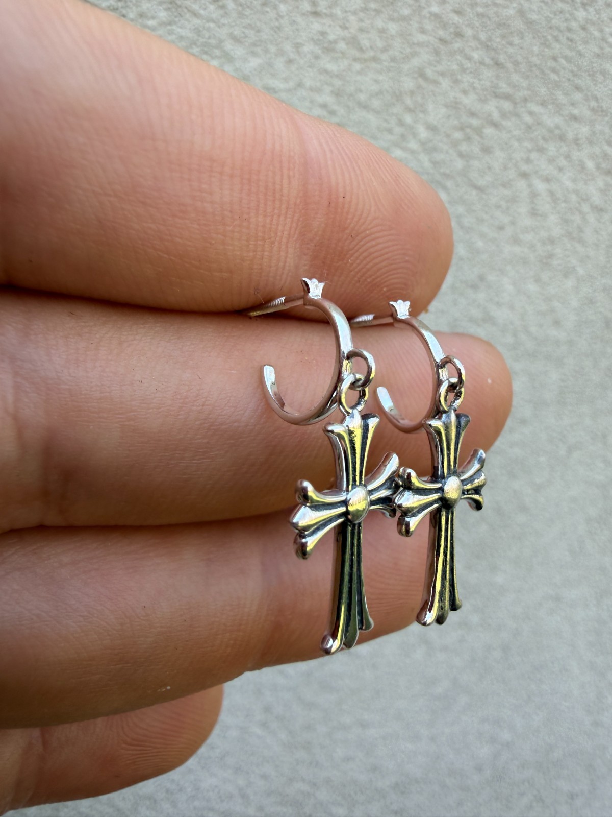 Hearts Chrome Star Earrings Huggie Hoops & Dangle Cross 925 Silver Oxidized