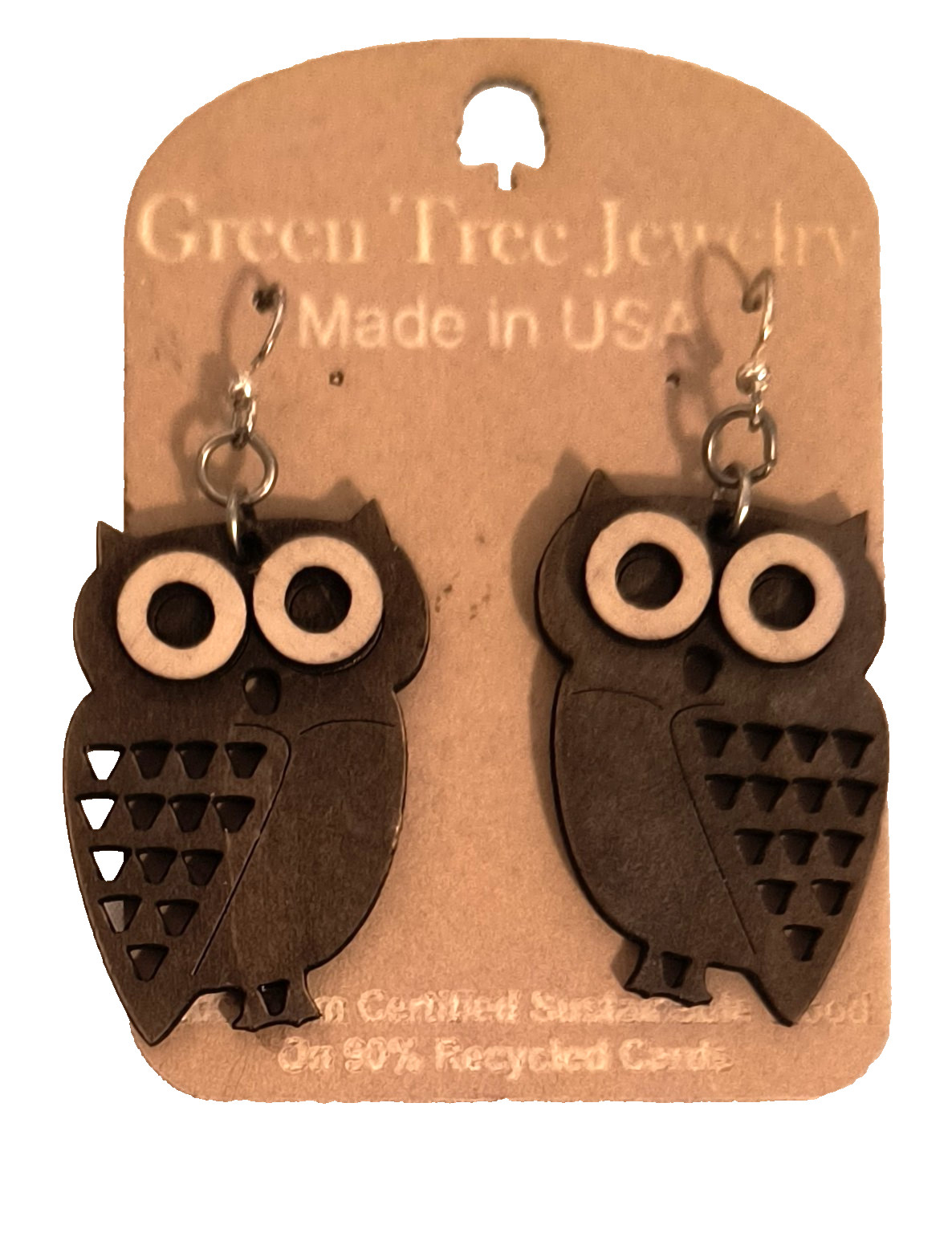 New with Tags Green Tea Jewelry Earrings Laser Cut Brown/Beige Owls Hook Closure