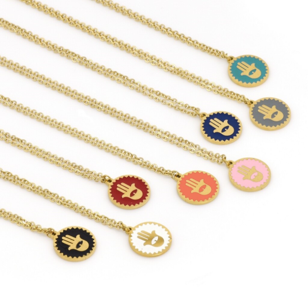 Gold Plated Titanium Stainless Steel Enamel Hamsa Hand of Fatima necklace 18-20″