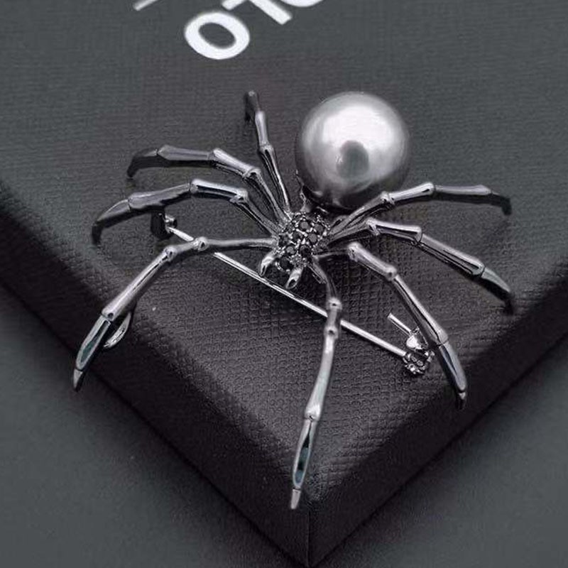 Vintage Black Rhinestone Spider Brooch Pearl Pin Insect Bug Jewelry Summer Gift