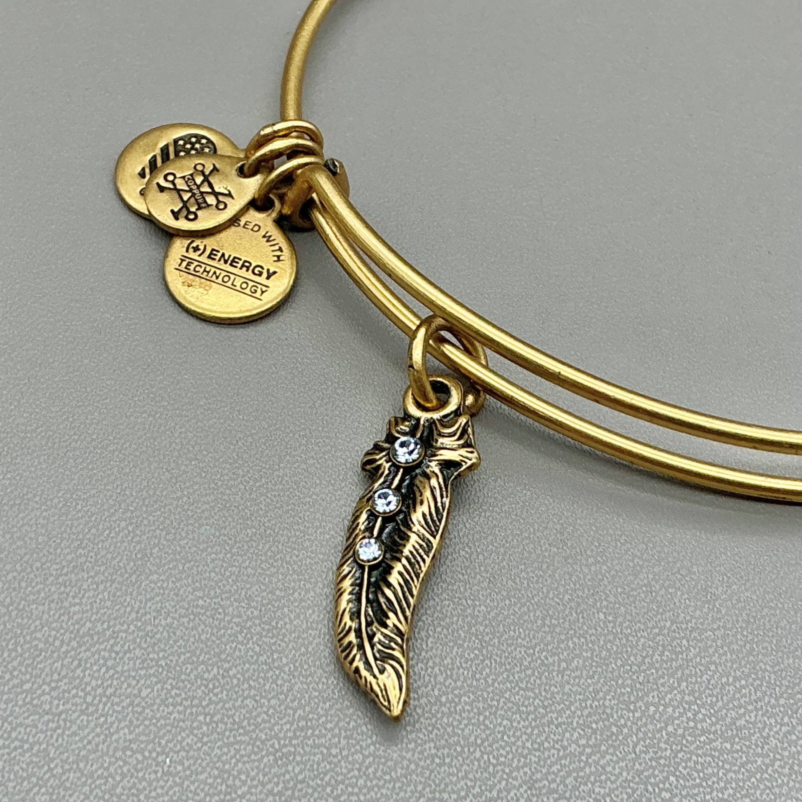 Alex and Ani Bracelet Womens Gold Tone Feather Charm Crystal Bangle 7-8 Inch