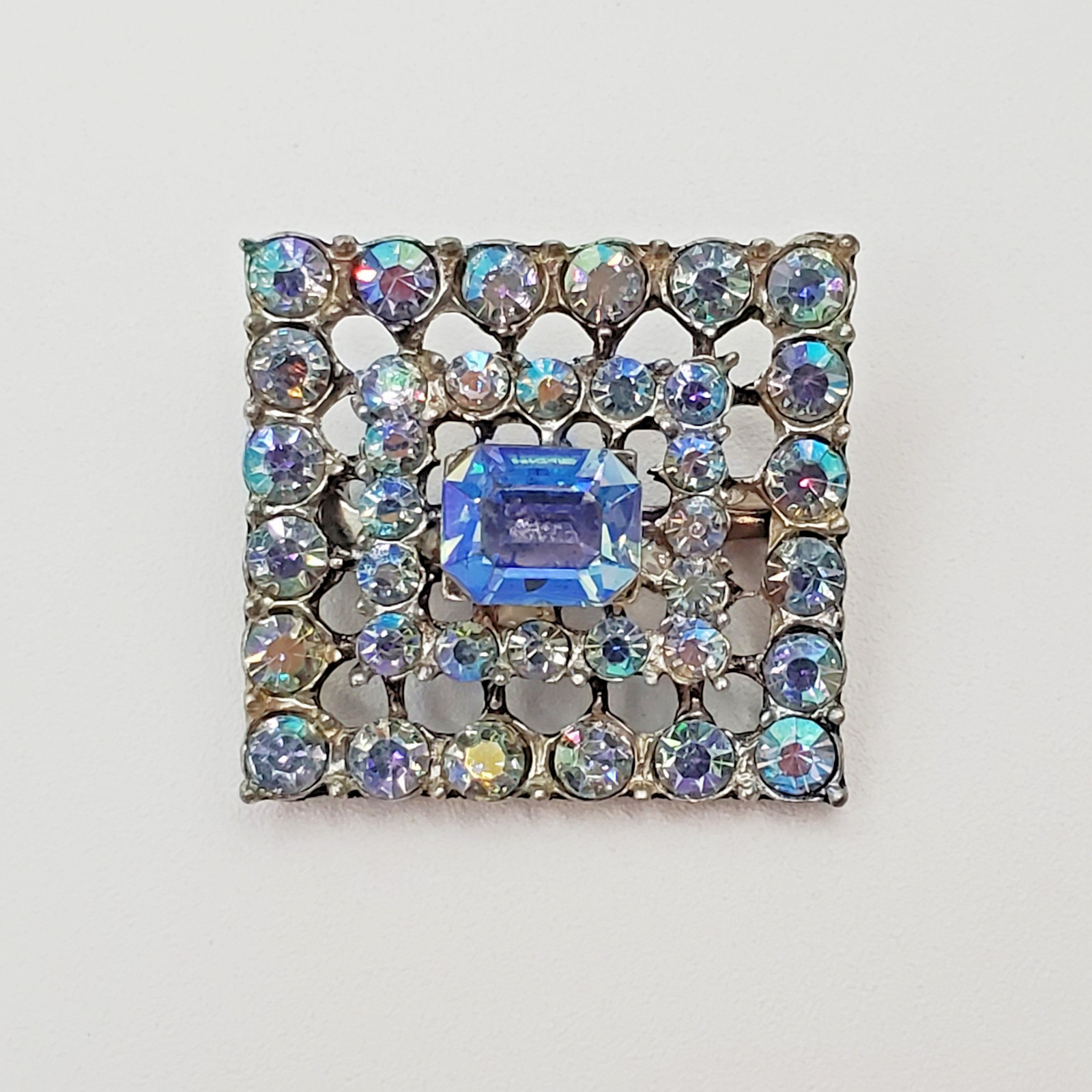VTG Aurora Borealis Crystal Brooch 1in Square Silver Tone Blue Layered AB Pin