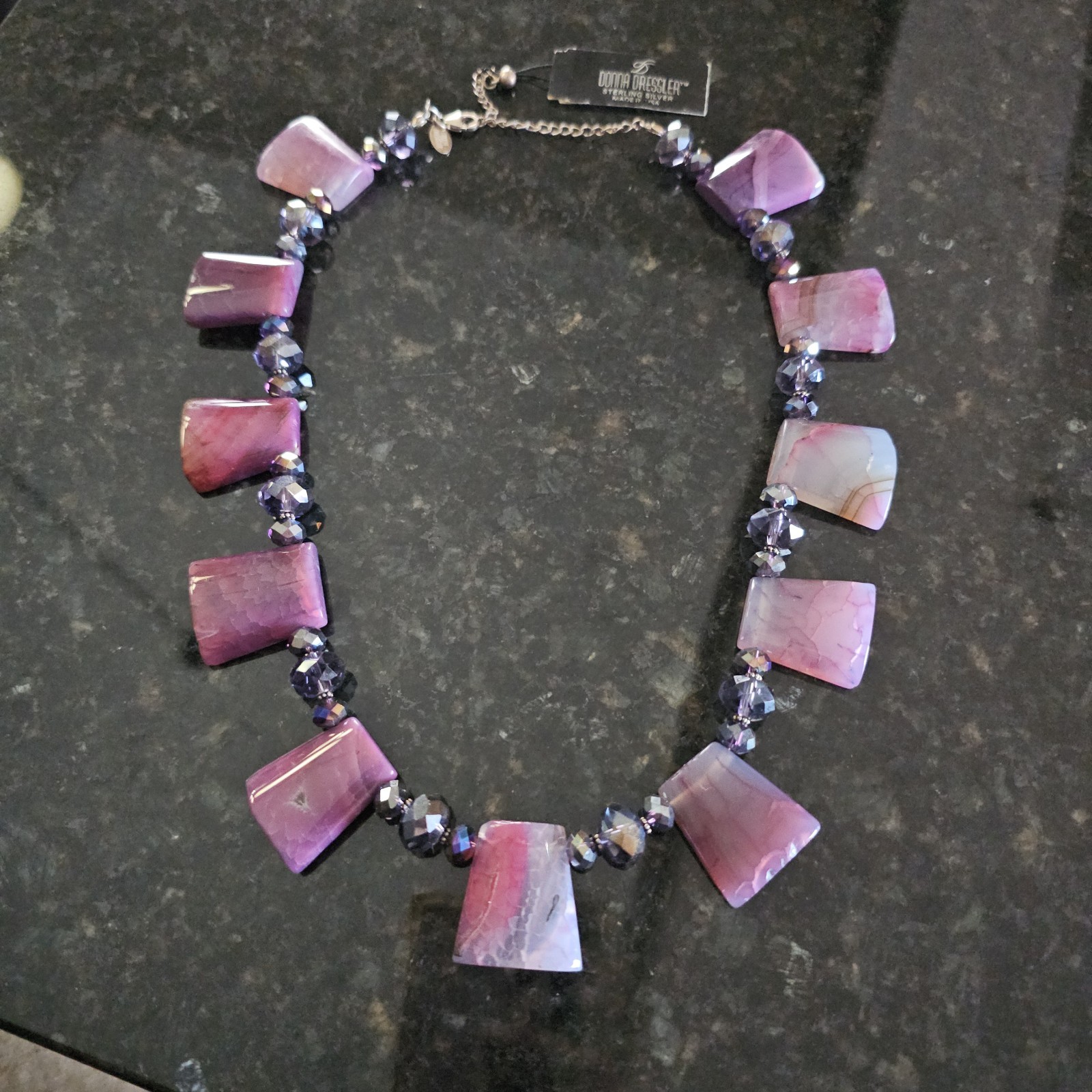 Donna Dressler Statement Necklace Sterling Silver 925 Pink Agate Stone Heavy 21″