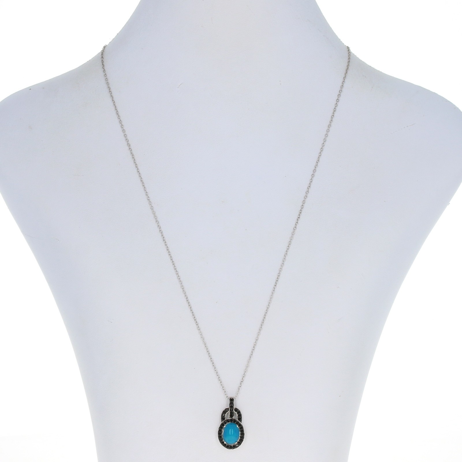 Sterling Synthetic Opal & Black Cubic Zirconia Halo Necklace 18 1/4″ – 925 Oval