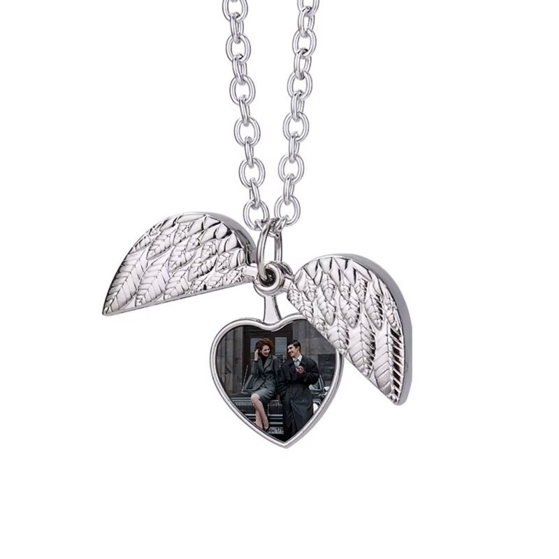 Silver Angel Wings Heart Photo Locket Necklace Memorial Keepsake Gift Pendant