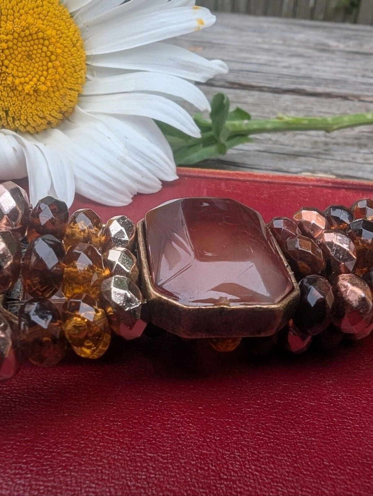 Cookie Lee Amber and Brown Faceted Bead Stretch Bracelet with Center Stone