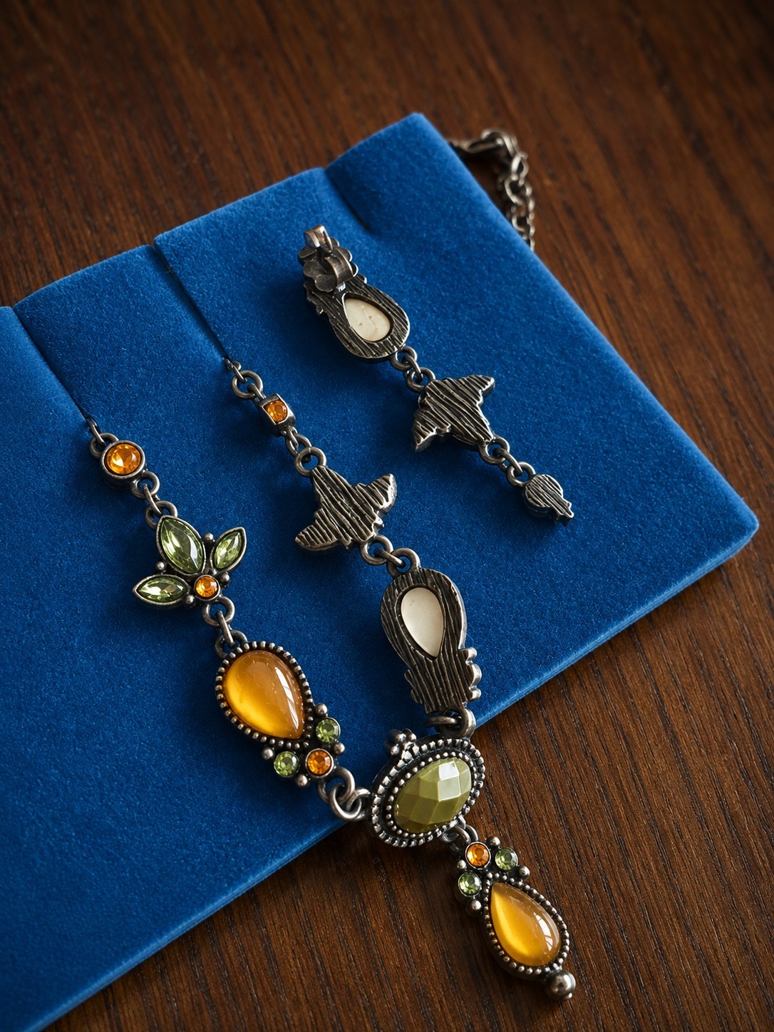 Vintage Necklace & Earrings Set Amber Green Rhinestone Gunmetal Tone Statement