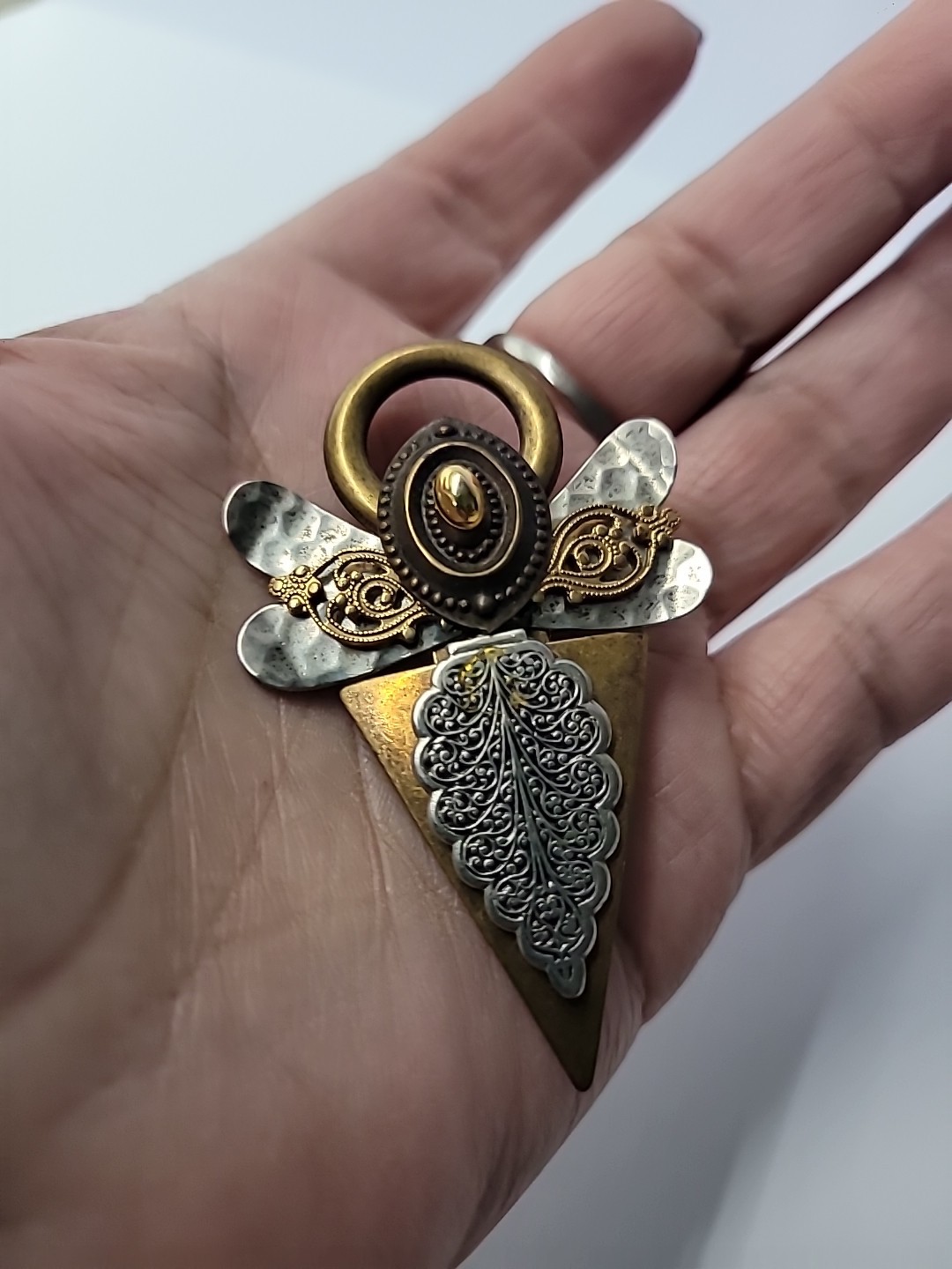 Vintage Treska Angel Brooch Pin Mixed Metal Halo Geometric Religious Signed