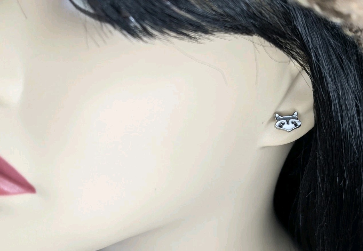 NEW Earrings White Gray Raccoon 🦝Sterling Silver Studs Painted Fashion Earrings