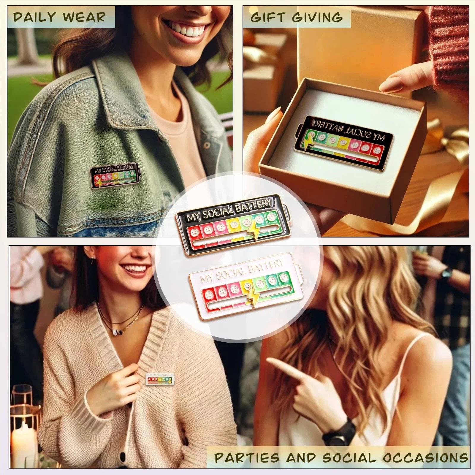 Funny Social Battery Slider Pin – 7-Mood Expression Badge, Cute Interactive Pin