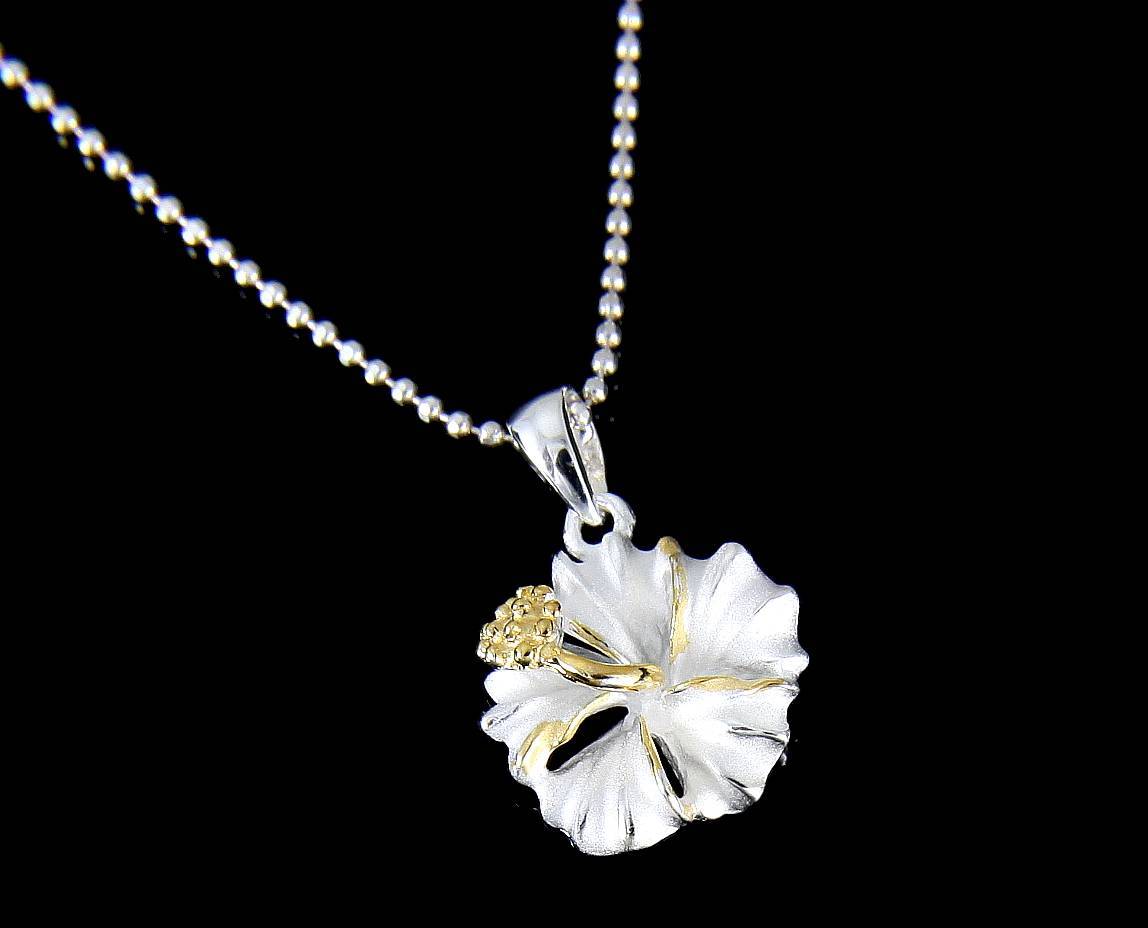 YELLOW GOLD PLATED 2TONE SILVER 925 HAWAIIAN HIBISCUS FLOWER PENDANT 12MM – 25MM
