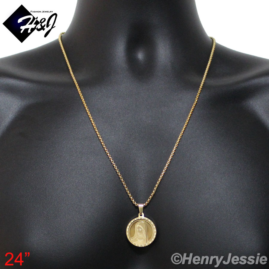 24″MEN Stainless Steel 2mm Gold Plated Box Link Chain VIRGIN MARY Pendant*GP54