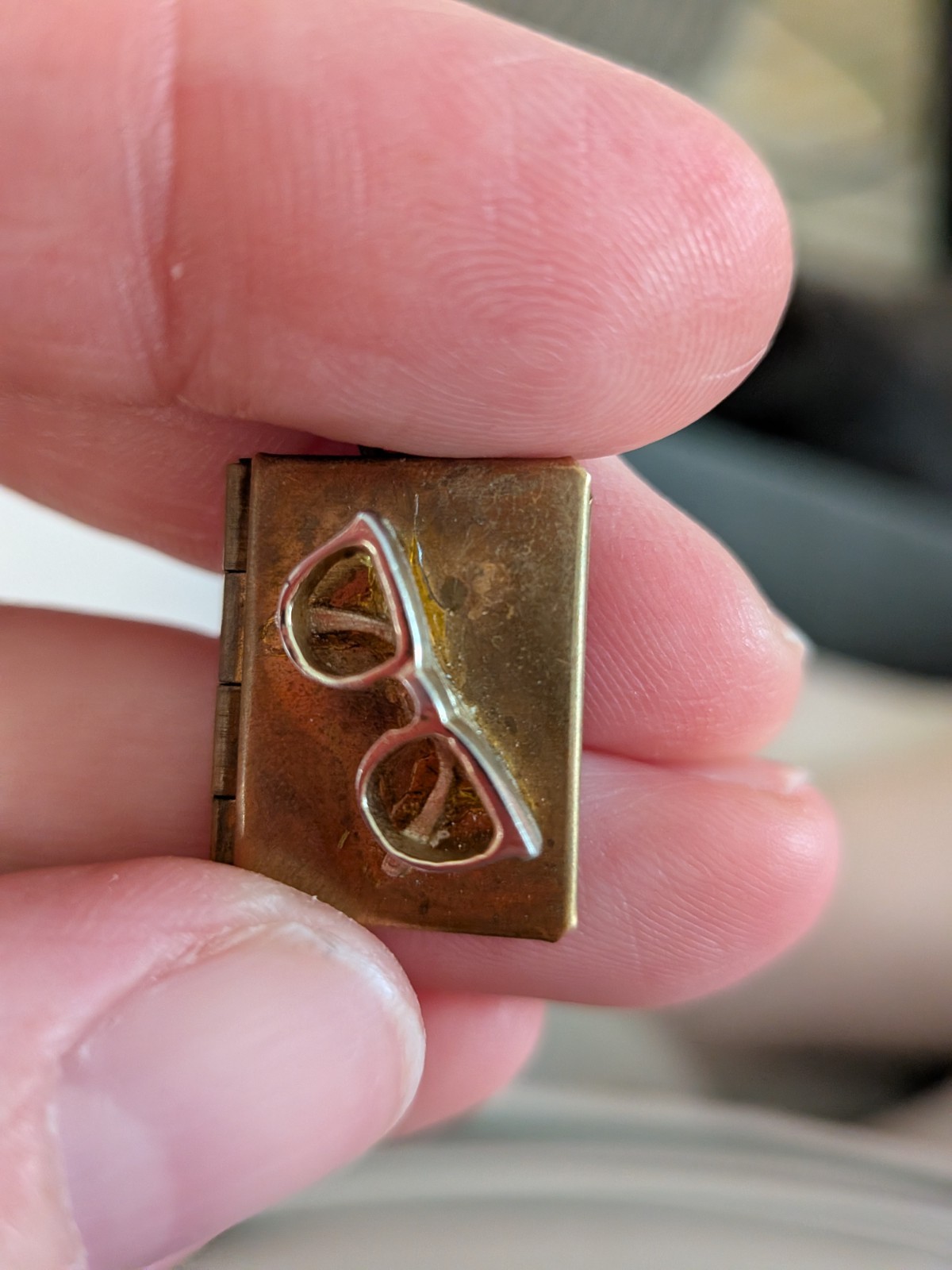 Vintage Brass Book Locket Necklace Cat Eye Glasses Charm Novelty Librarian