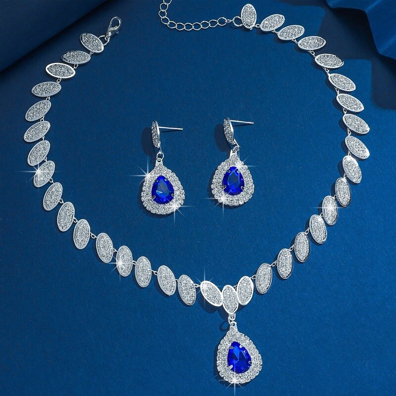 Purple/Clear/Blue Crystal Rhinestone Oval Teardrop Necklace Earrings Jewelry Set
