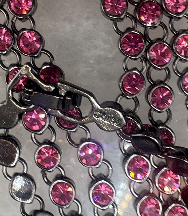 Pink Simulated Crystal Station Chain Necklace Dark Silver Tone Lobster Clasp 48”