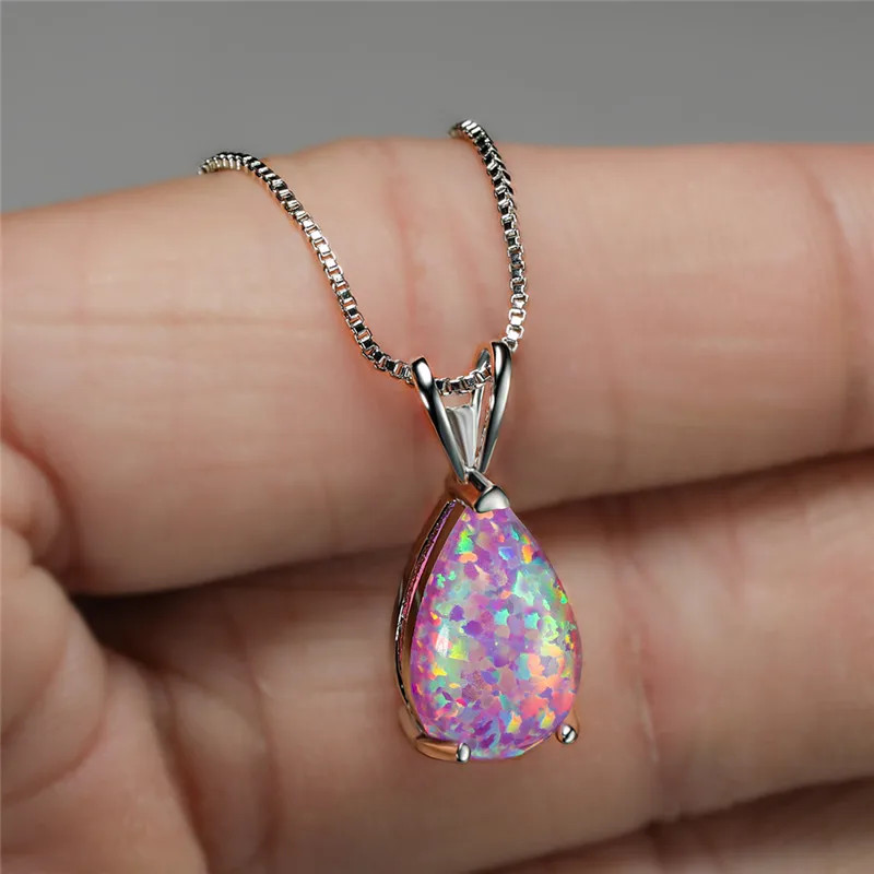Boho Female Small Blue Green Opal Water Drop Pendant Necklace Silver Color Weddi