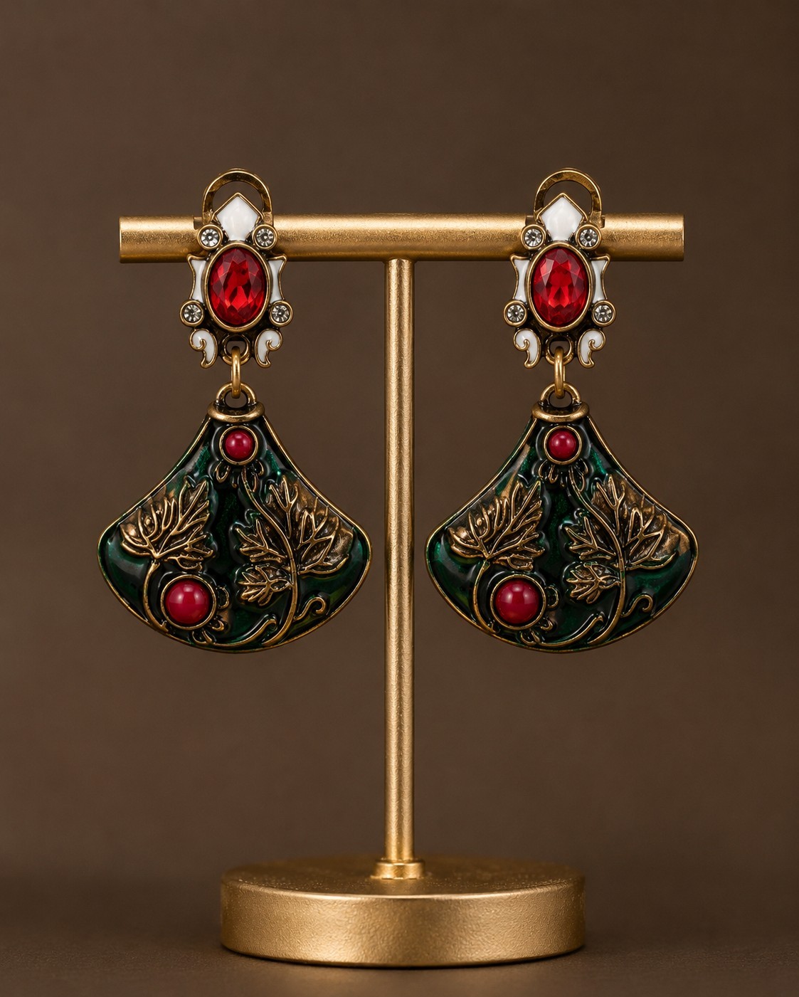 Elegant Palace Style Green Enamel Lotus Leaf Fan Shaped Earring. Women’s Jewelry