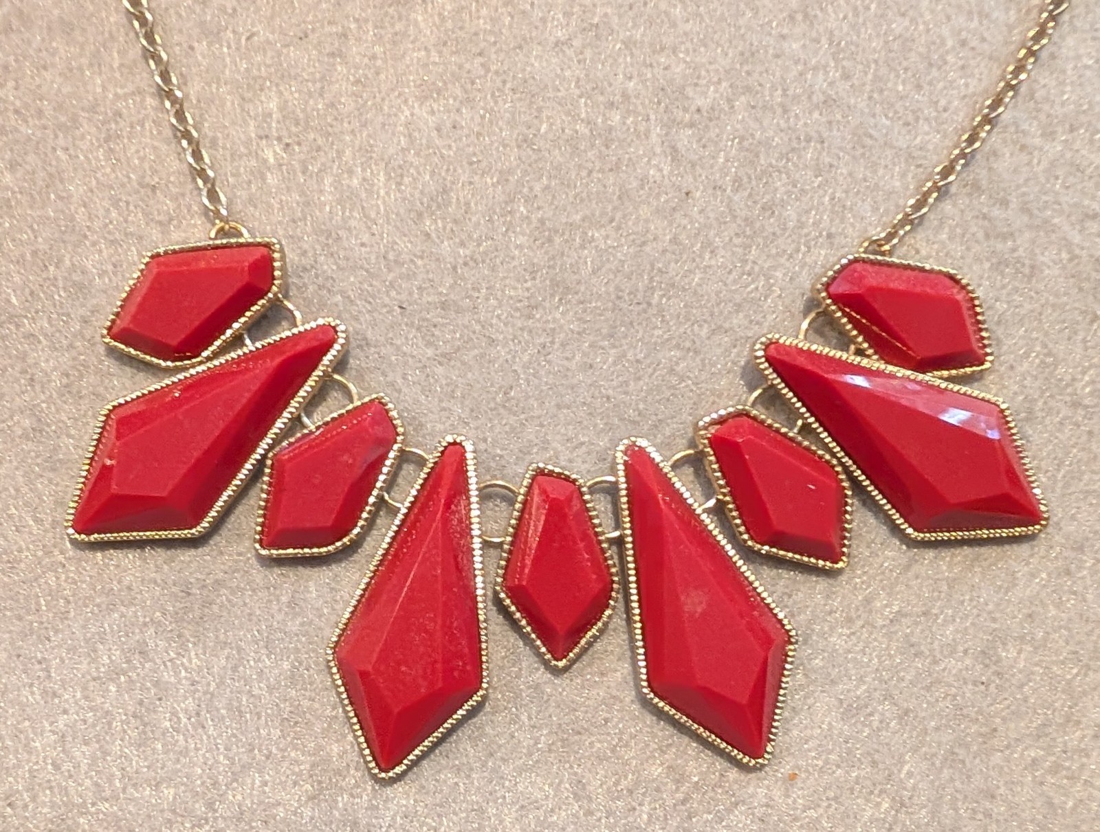 Gold Tone Red Enamel Geometric Bib Statement Necklace Adjustable Lobster Clasp