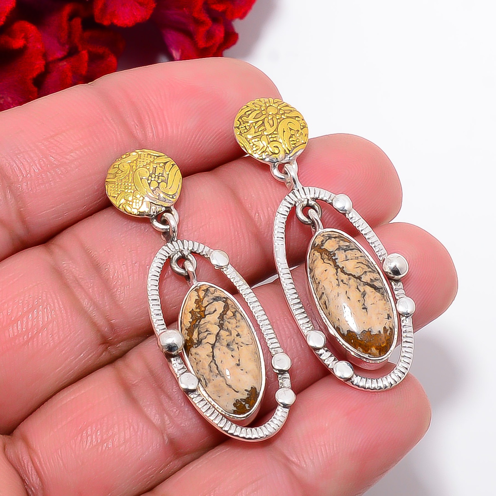 Picture Jasper – Oregon 925 Sterling Silver Two Tone Earring 1.76″ E103036
