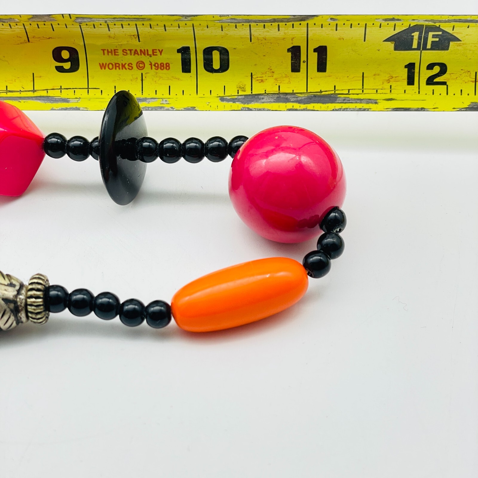 Beaded Station Necklace Black Pink White Orange Silver Tone Chunky Boho Festival