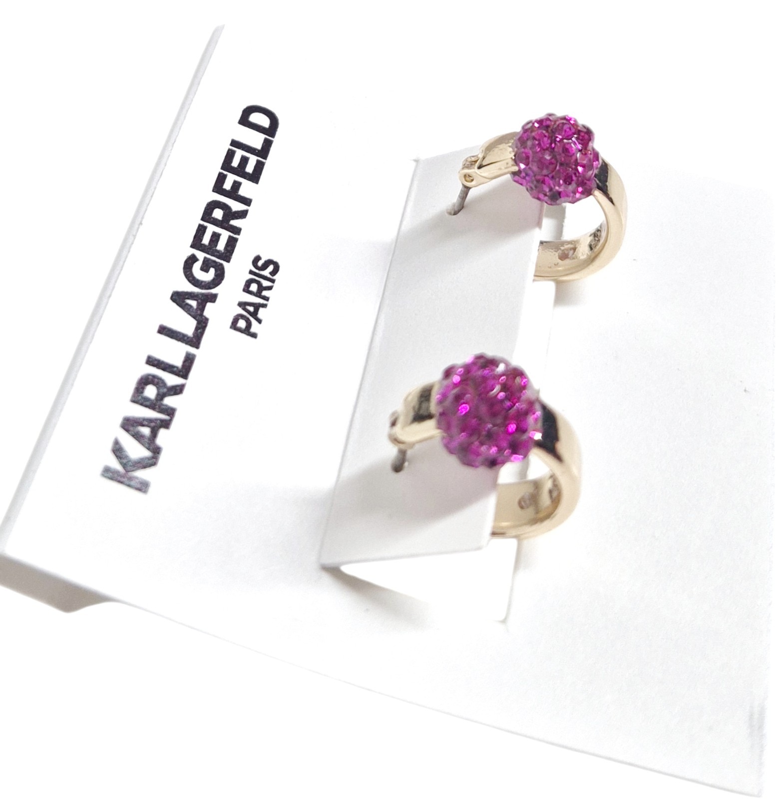 Karl Lagerfeld Small Pave Fireball Huggie Hoop Earrings Pink Gold Plated New