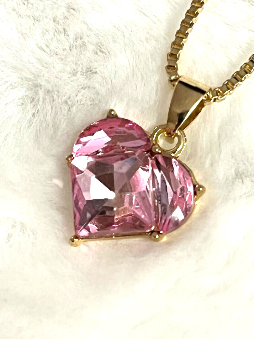 BEAUTIFUL NEW GOLD TONE PINK CUBIC ZIRCONIA HEART PENDANT NECKLACE 20″ CHAIN